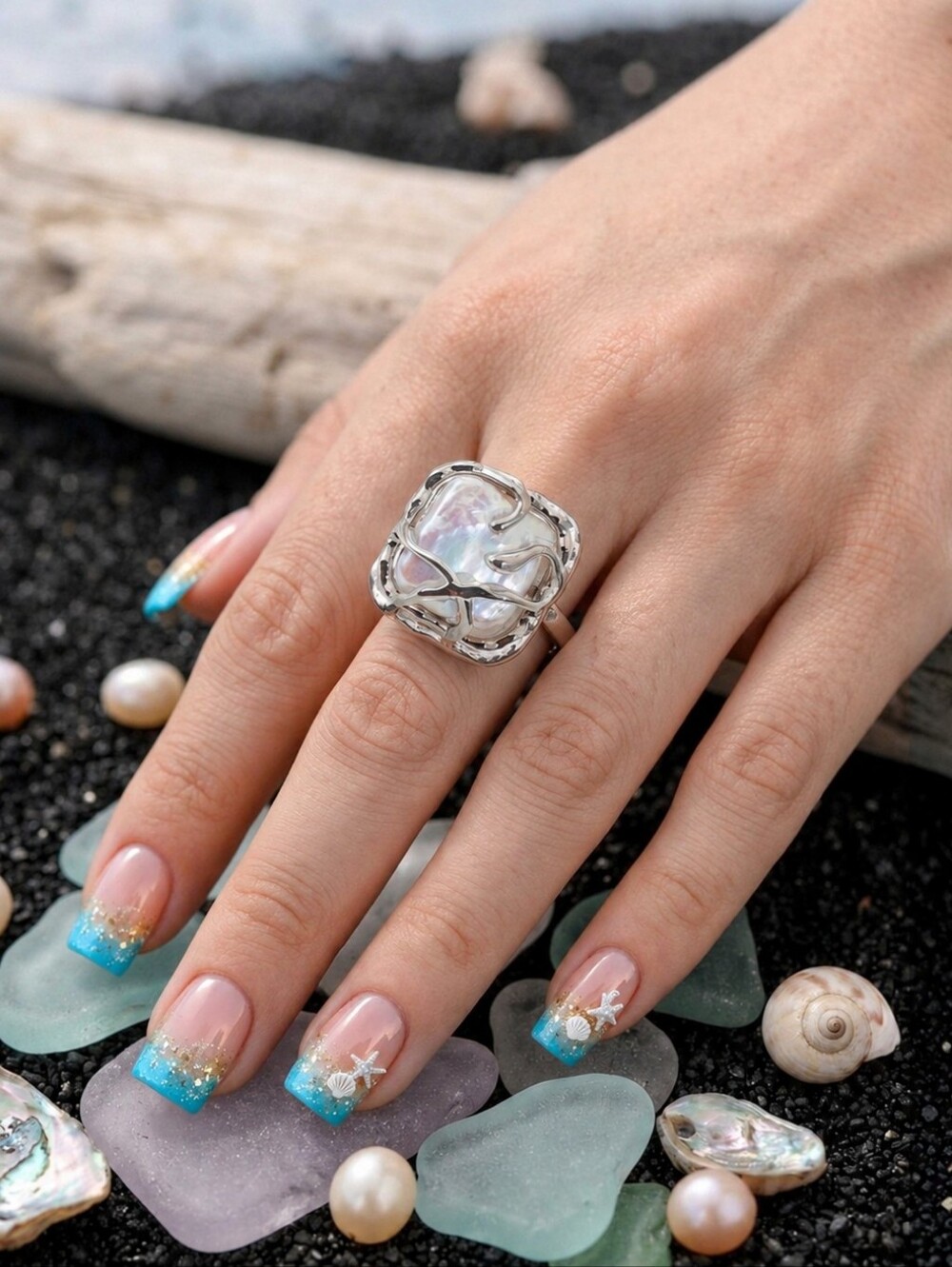 Faux Baroque Pearl Statement Ring Silver Sculptural Adjustable Mermaidcore 6-9